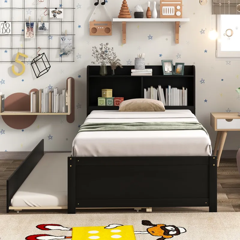 Twin Bed With Trundle, Bookcase - Espresso