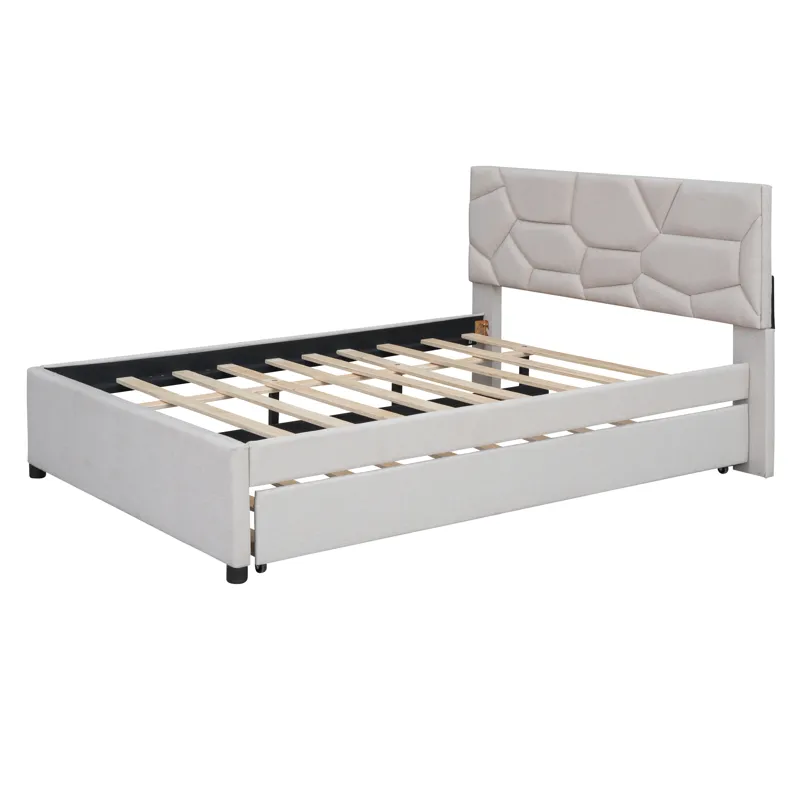 Full Size Upholstered Platform Bed With Brick Pattern Headboard And Twin Size Trundle, Linen - Beige