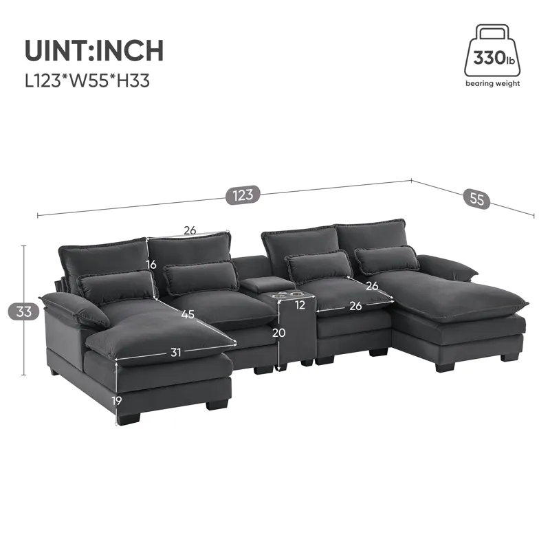 Modern U Shaped Sofa With Console, Cupholders And USB Ports, 6 Seat Upholstered Symmetrical Indoor F