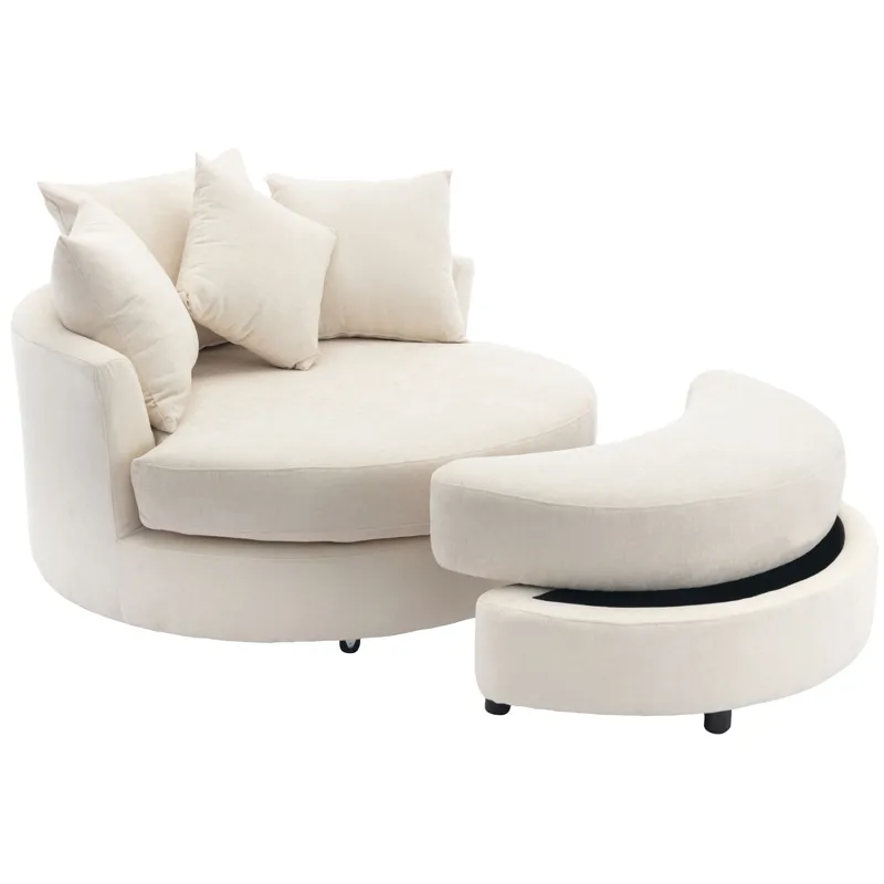 360° Swivel Accent Barrel Chair With Storage Ottoman & 4 Pillows, Modern Chenille Leisure Chair Round Accent For Living Room - Cream