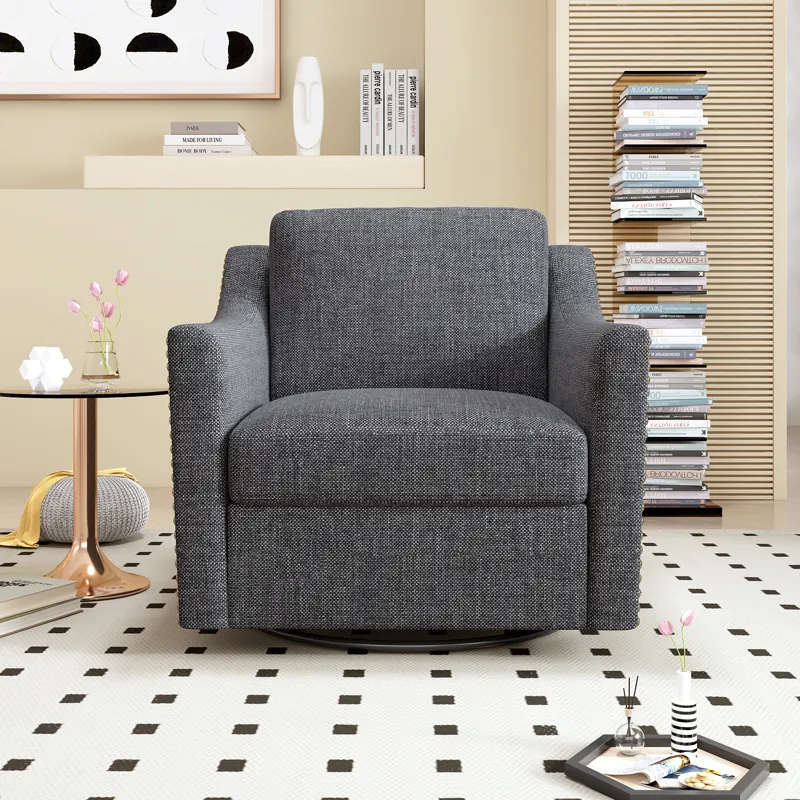 360 Degree Swivel Armchair Cotton Linen Skin-Friendly Fabric Ergonomic Design Brass Nail Decorative 