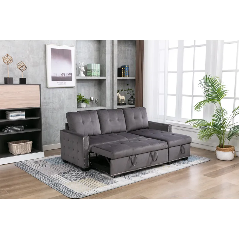 Reversible Sectional Storage Sleeper Sofa Bed, L-Shape 2 Seat Sectional Chaise With Storage, Skin-Fe