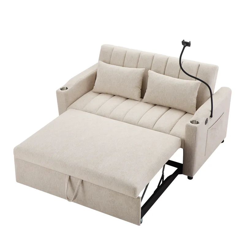 Convertible Sofa Bed Loveseat Sofa With Three USB Ports, Two Side Pockets, Two Cup Holders And 360° 