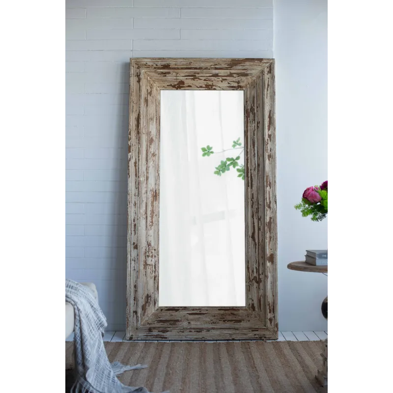 Full Length Rectangle Floor Mirror With Distressed Wood Frame - Brown