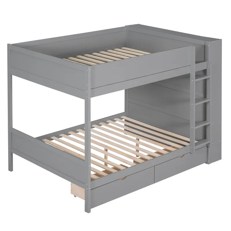 Full Over Full Bunk Bed With 2 Drawers And Multi - Layer Cabinet - Gray