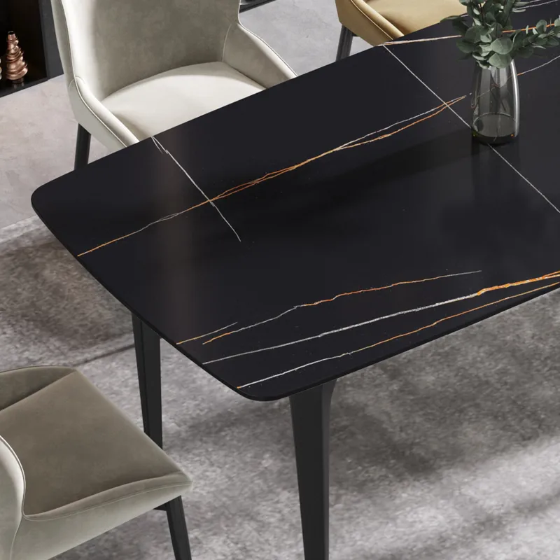 63\" Artificial Stone Black Curved Black Metal Leg Dining Table, 6 People - Black