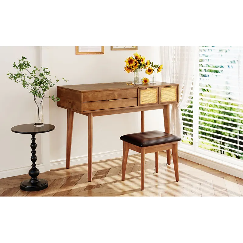 Classic Wood Makeup Vanity Set With Flip-Top Mirror And Stool, Dressing Table With Three Drawers And