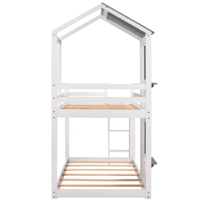 Twin Over Twin Bunk Bed Wood Bed & Roof, Window, Guardrail, Ladder - White