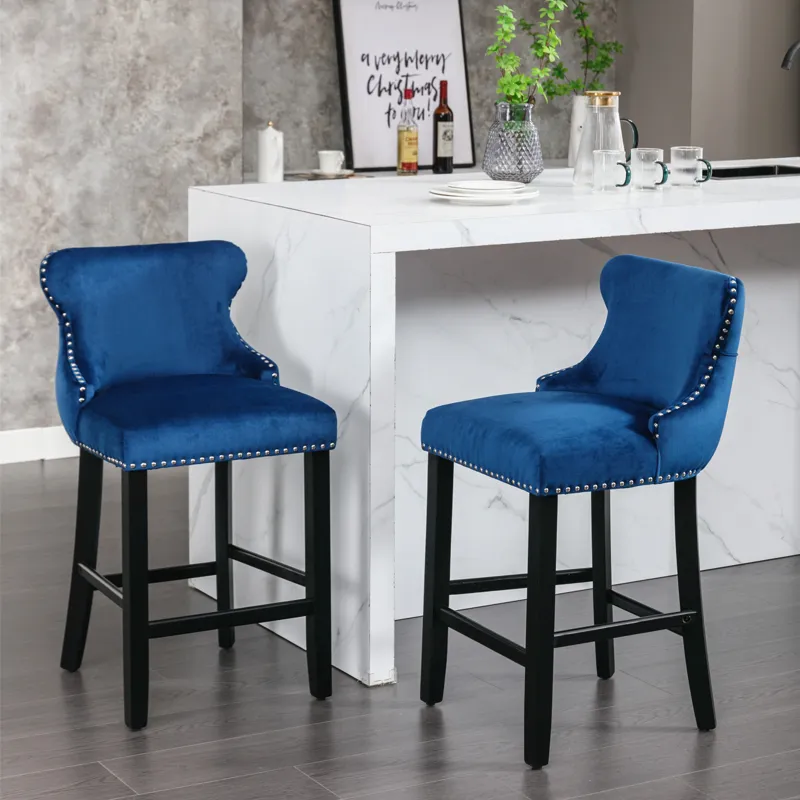 Contemporary Velvet Upholstered Wing-Back Barstools With Button Tufted Decoration And Wooden Legs, A