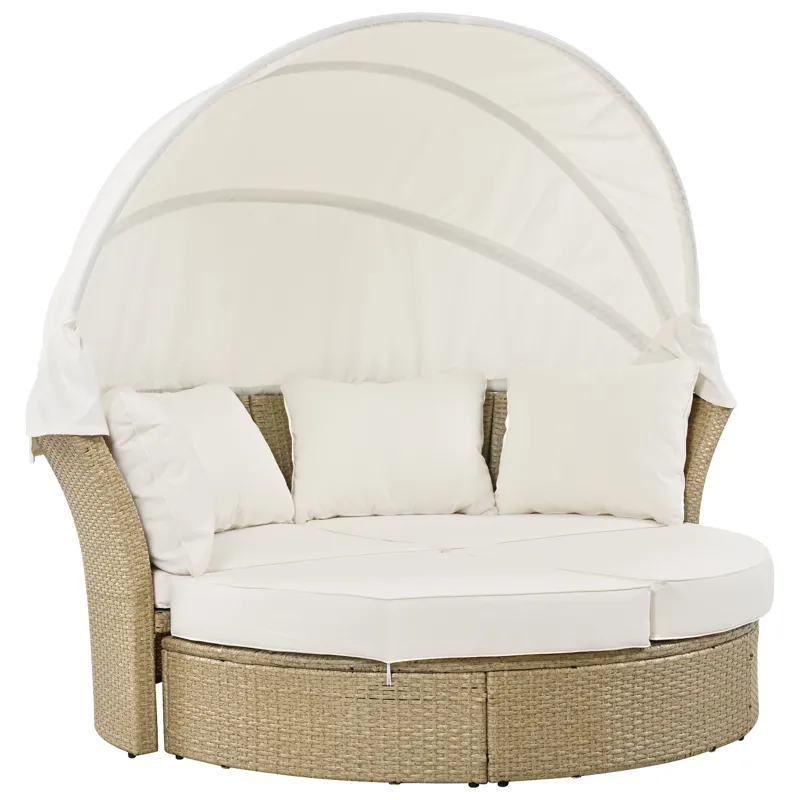 Outdoor Patio Daybed Wicker Rattan Double Daybed Round Sofa Furniture Set With Retractable Canopy, 4