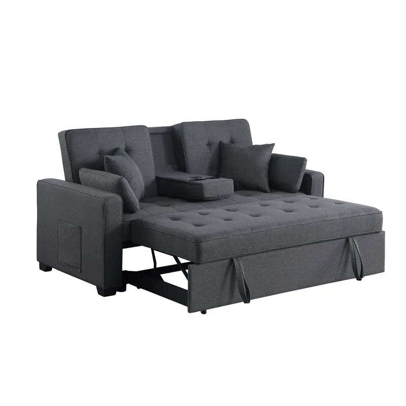 Cody II - 69.5\"W Dark Gray Linen Convertible Sleeper Loveseat With Cup Holder, Charging Ports and P