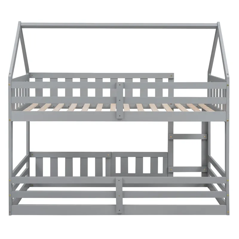 Twin Over Twin House Bunk Bed With Fence And Door - Gray
