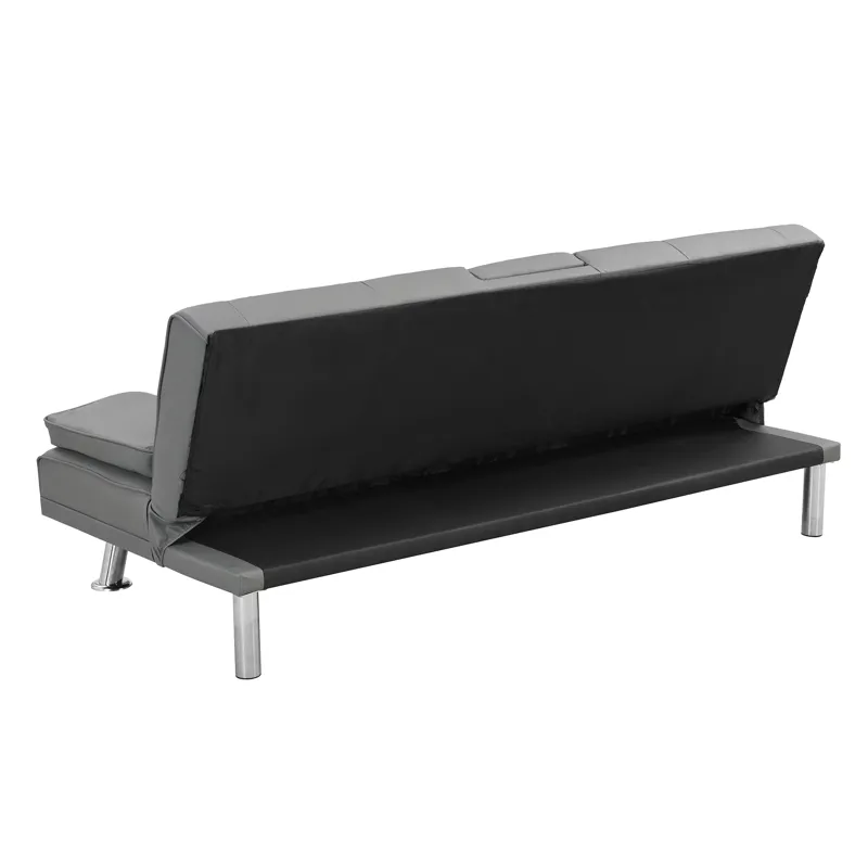 Sofa Bed With Armrest Two Holders Wood Frame, Stainless Leg Futon - Gray