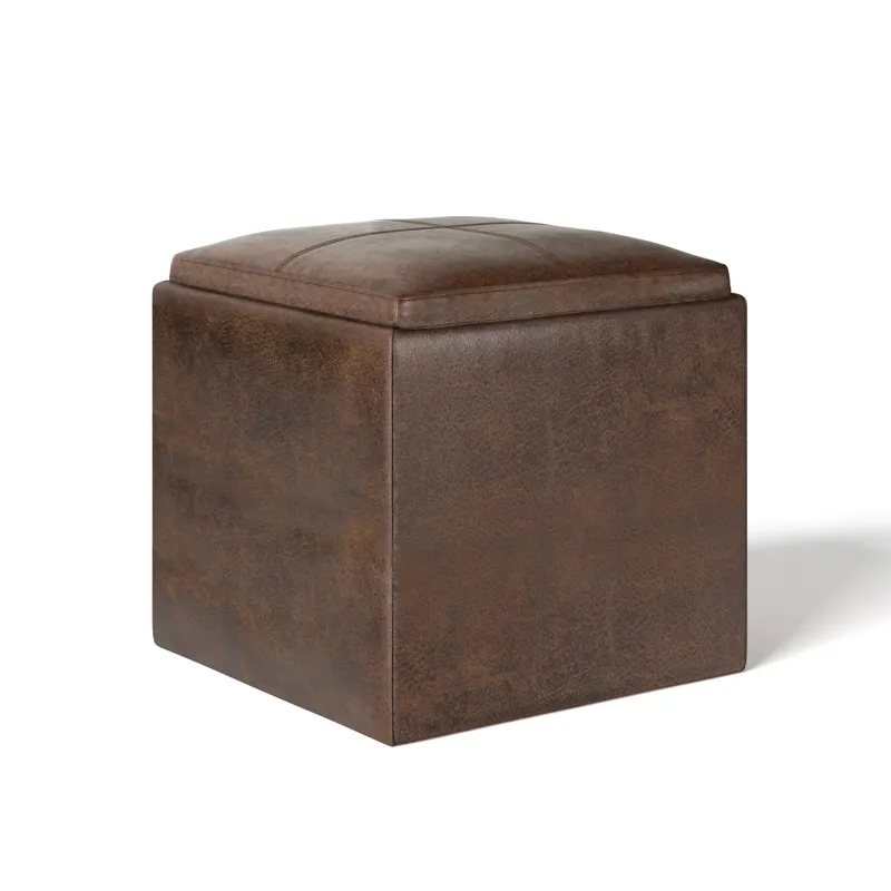 Rockwood - Cube Storage Ottoman with Tray - Distressed Brown