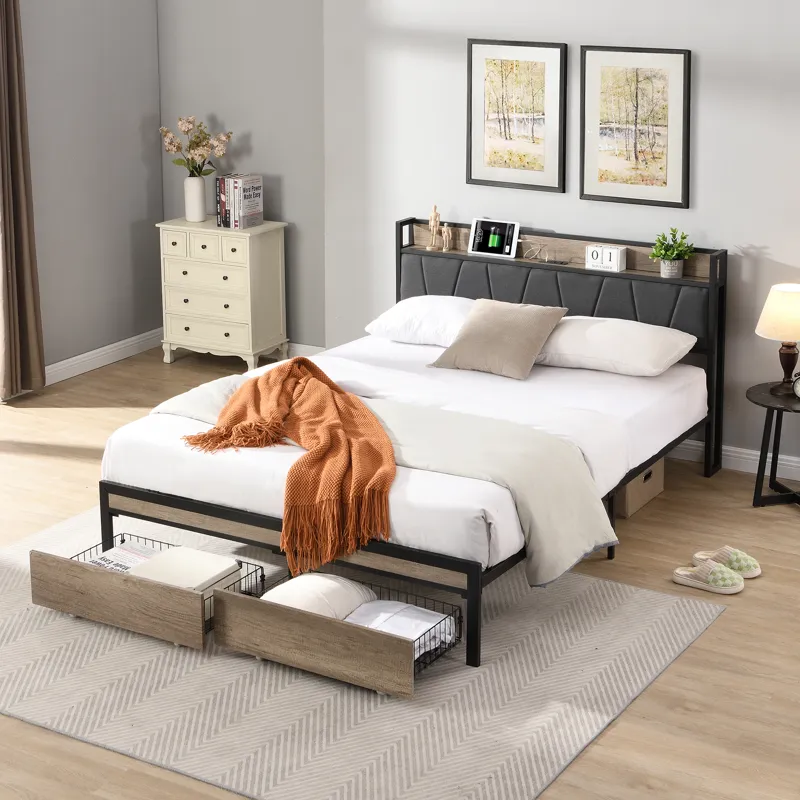 Queen Size Metal Platform Bed Frame With Upholsteryolstery Storage Function Headboard And USB Liner 