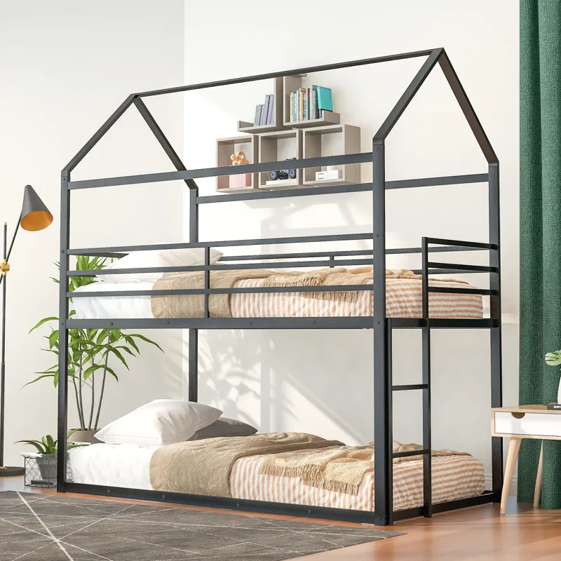 Bunk Beds For Kids Twin Over Twin, House Bunk Bed Metal Bed Frame Built-In Ladder, No Box Spring Nee