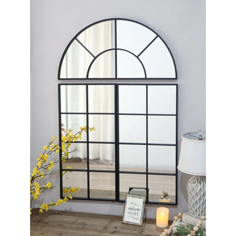 Large Arched Wall Mirror With Three Separate Sections - Black