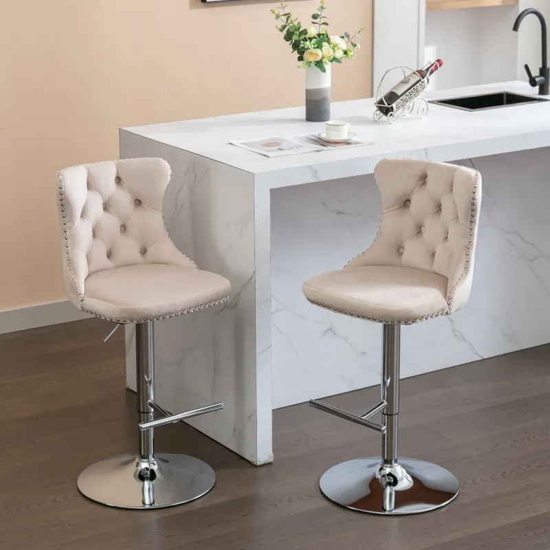 Swivel Velvet Barstools Adjusatble Seat Height From 25-33\", Modern Upholstered Chrome Base Bar Stoo