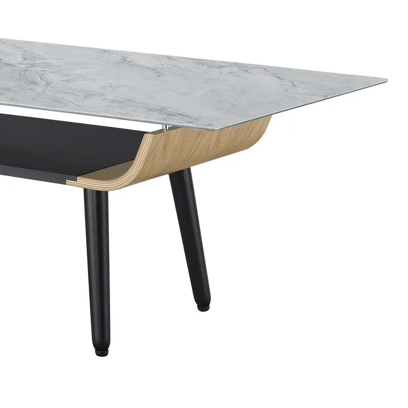 Landon - Coffee Table With Glass Marble Texture Top And Bent Wood Design - Gray