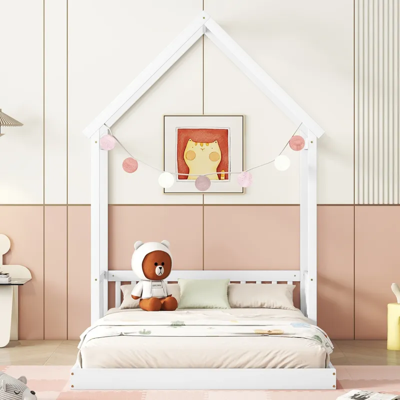 Full Roof-Framed Headboard Floor Bed With Headboard Guardrails - Without Slats White