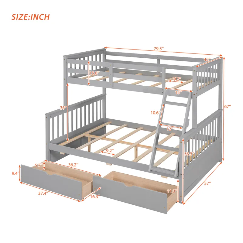 Twin Over Full Bunk Bed With Ladders And Two Storage Drawers - Gray