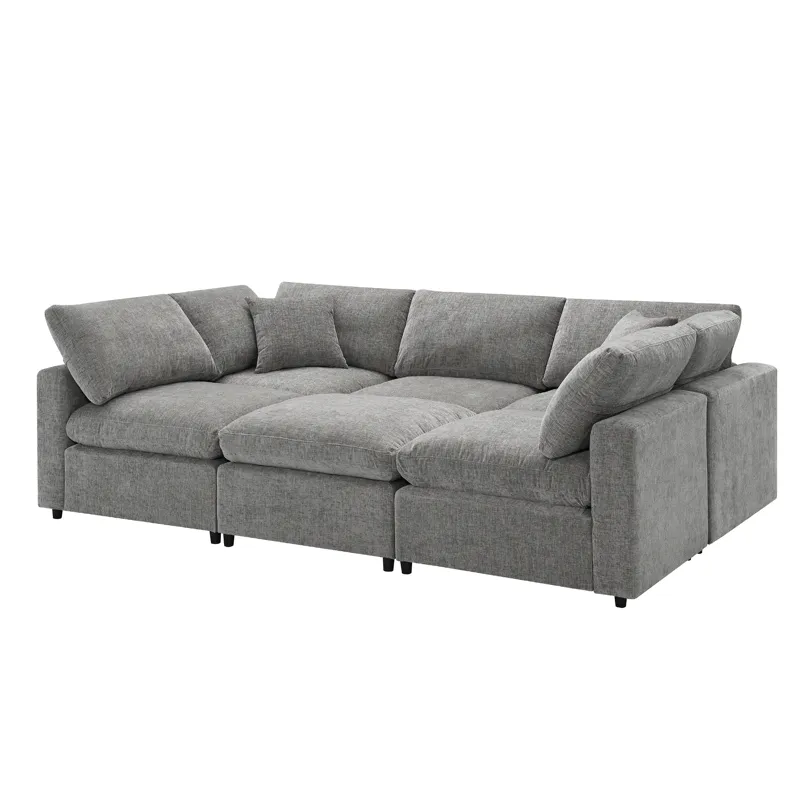Modern Modular Cloud Sofa Bed, 6 Seat Chenille Sectional Couch Set With Ottoman, Free Combination, C