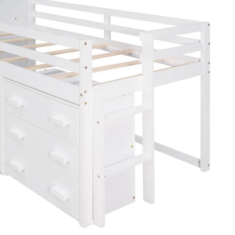 Twin Size Loft Bed With Cabinet And Shelf - White