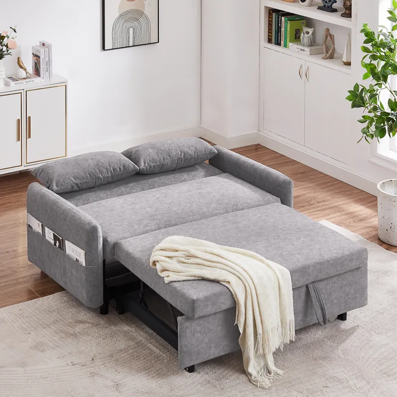 Pull Out Sleep Sofa Bed Loveseats Sofa Couch With Adjsutable Backrest, Storage Pockets, 2 Soft Pillo