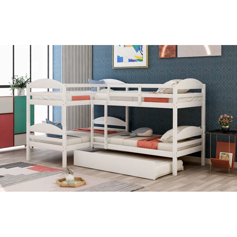 Twin L-Shaped Bunk Bed With Trundle - White