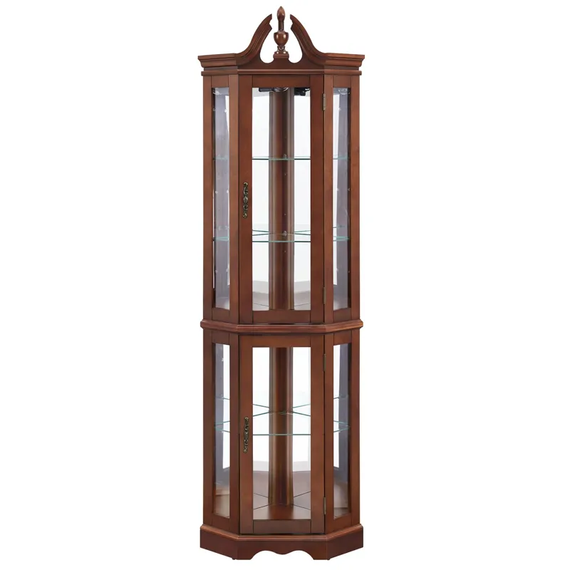 Corner Curio Cabinet With Lights, Adjustable Tempered Glass Shelves, Display Cabinet (E26 Light Bulb Not Included) - Mirrored / Walnut