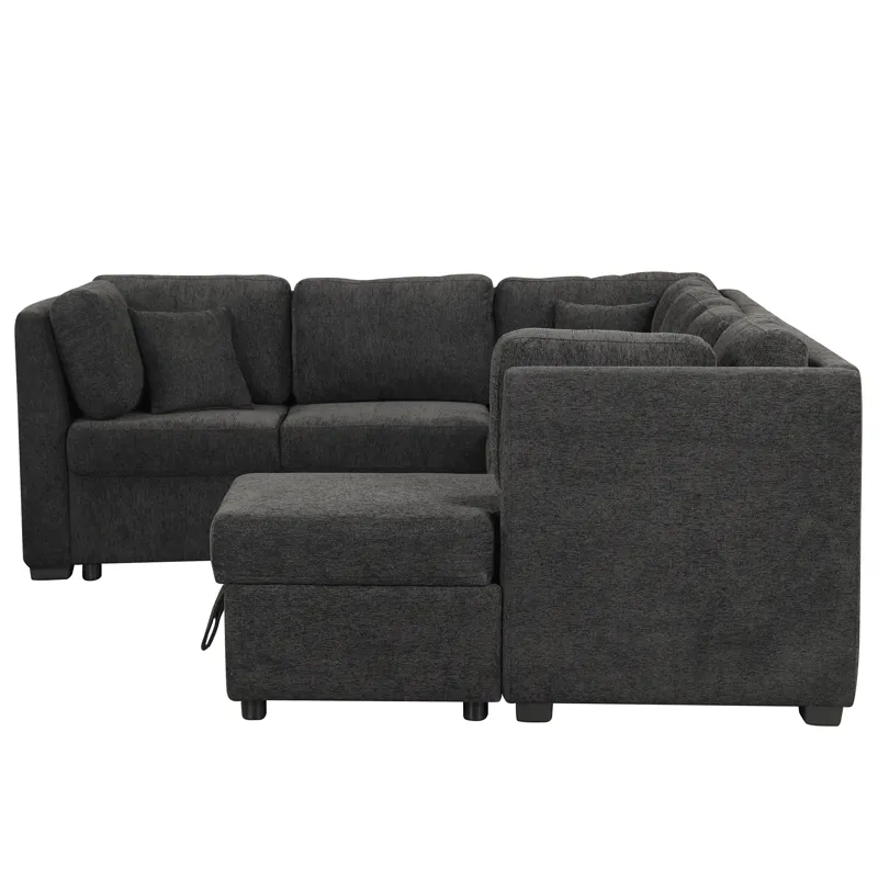 U-Shaped Sectional Sofa Pull Out Sofa Bed With Two USB Ports, Two Power Sockets, Three Back Pillows 