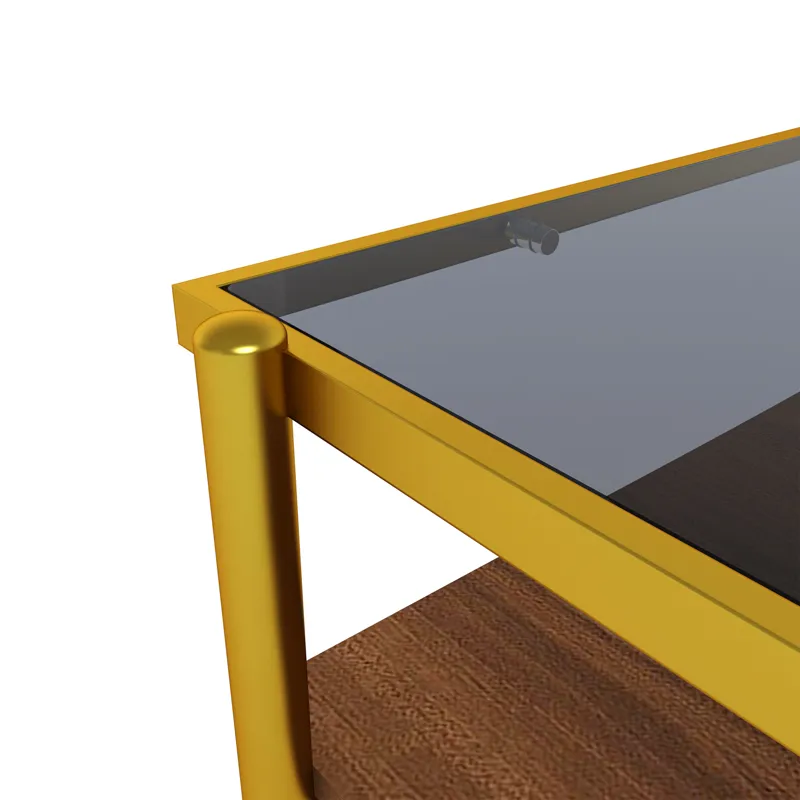 Rectangle Coffee Table With Tempered Glass Top, Modern Table For Living Room - Gray / Gold