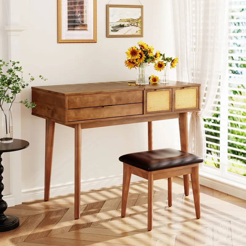 Classic Wood Makeup Vanity Set With Flip-Top Mirror And Stool, Dressing Table With Three Drawers And