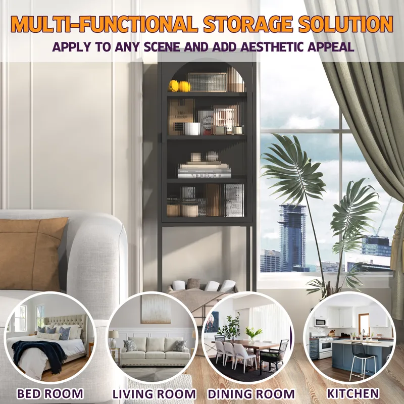 Metal Glass Door Display Storage Cabinet, 5 Tier Cube Bookshelf Storage Cabinet With 3 Adjustable Sh