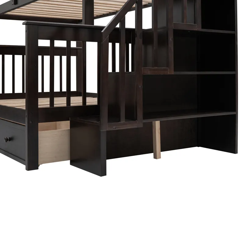 Twin Over Full Stairway Bunk Bed With Drawer, Storage And Guard Rail For Bedroom, Dorm, For Adults -