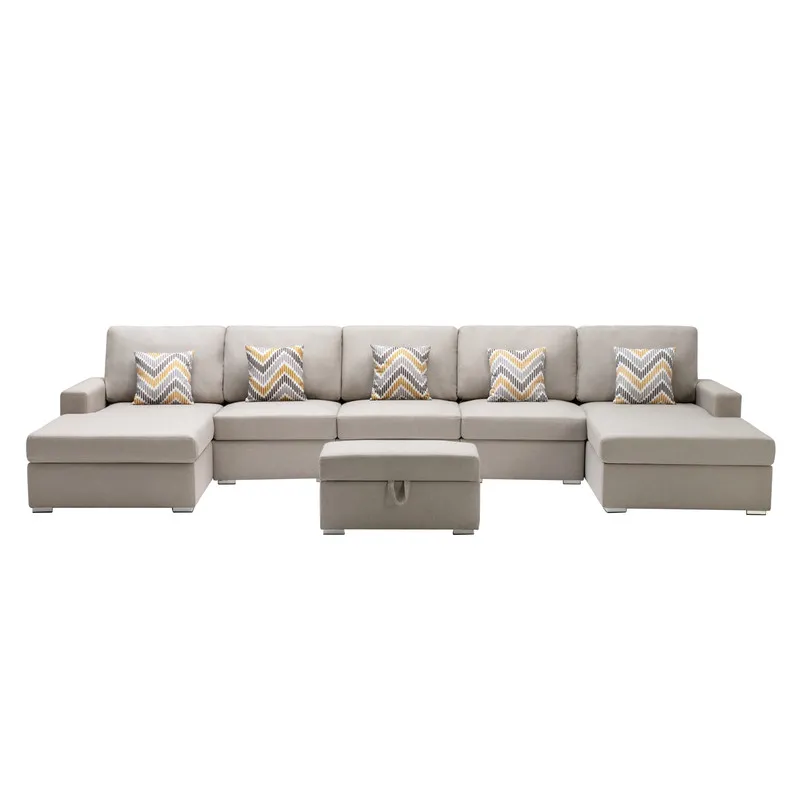 Nolan - Linen Fabric 6 Piece Double Chaise Sectional Sofa With Interchangeable Legs, Storage Ottoman