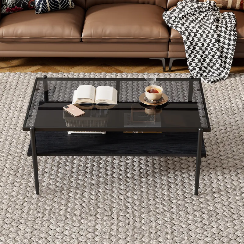 Rectangle Coffee Table With Tempered Glass Top, Modern Table For Living Room - Gray / Black