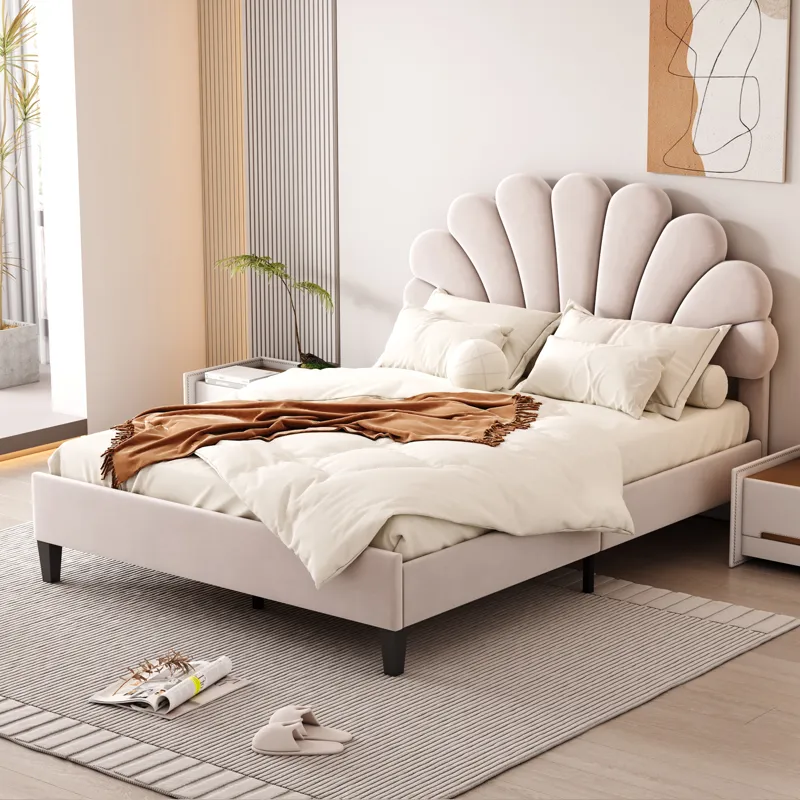 Full Size Upholstered Platform Bed With Flower Pattern Velvet Headboard - Beige