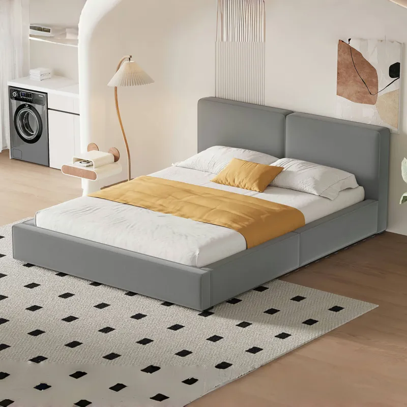 Queen Size Upholstered Platform Bed With , Grounded Bed With Solid Frame - Gray