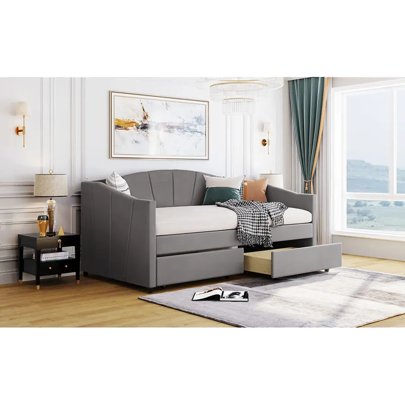 Twin Size Upholstered Daybed With Two Drawers And Wood Slat - Gray