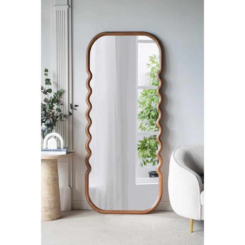 Oversized Wooden Floor Mirror With Unique Frame - Brown