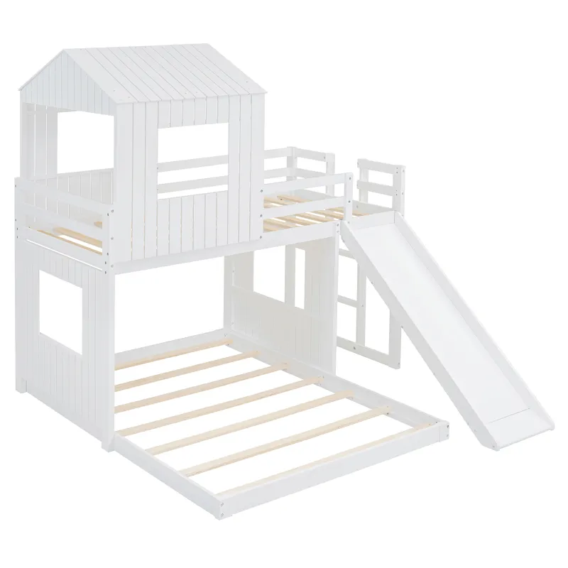 Wooden Twin Over Full Bunk Bed, Loft Bed With Playhouse, Farmhouse, Ladder, Slide And Guardrails - W