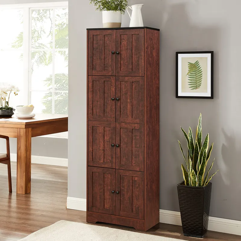 Tall Storage Cabinet With 8 Doors And 4 Shelves, Wall Storage Cabinet For Living Room, Kitchen, Offi