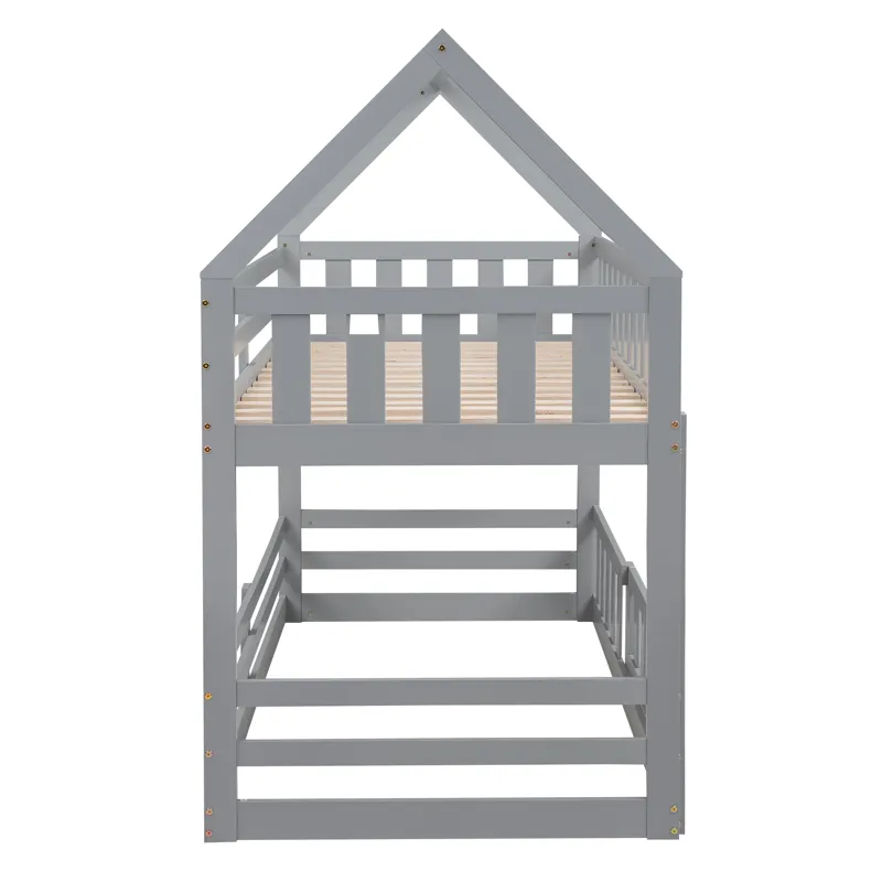 Twin Over Twin House Bunk Bed With Fence And Door - Gray