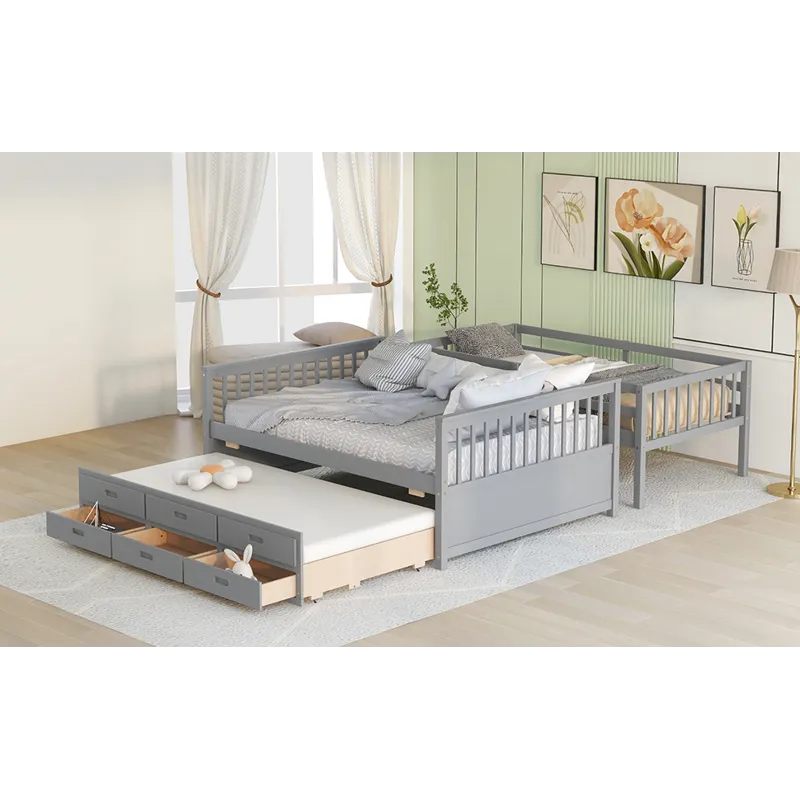 Twin Over Full Bunk Bed With Twin Size Trundle, Separable Bunk Bed With Drawers For Bedroom - Gray