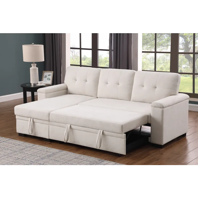 Lucca II  - 84.5\"W Beige Woven Fabric Reversible Sleeper Sectional Sofa With Storage Chaise and Poc