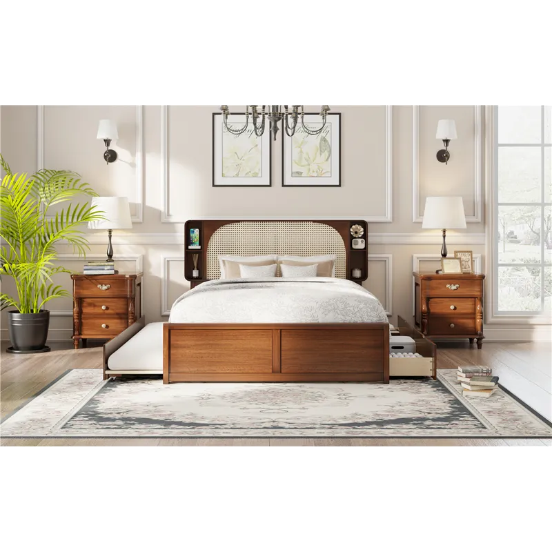 Queen Size Rattan Headboard Bed With Two Drawers And Trundle Walnut
