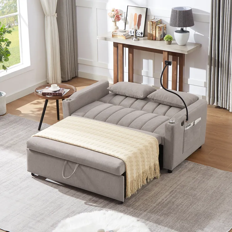 Convertible Sofa Bed Loveseat Sofa With Three USB Ports, Two Side Pockets, Two Cup Holders And 360° 