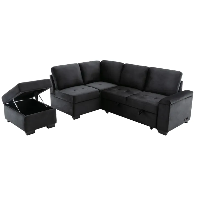 Sleeper Sectional Sofa, L-Shape Corner Couch Sofa Bed With Storage Ottoman & Hidden Arm Storage & US