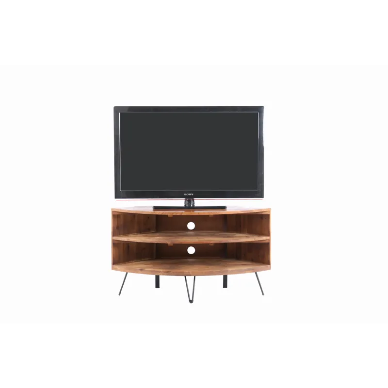 Fan Shape Reclaimed Wood Corner Media Table For Living Room Wise Use Your Space - Natural